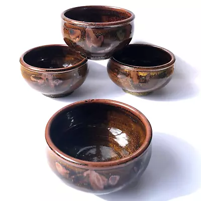 Buy British Studio Art Pottery Tenmoku Glazed Bowls Set Of 4 • 80£