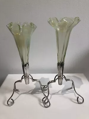 Buy Vintage Two Epergne Glass Vases In EPNS Stand Vaseline Victorian Decor Excel • 128£