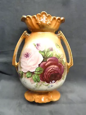 Buy Lovely Victorian Ceramic Vase Orange With Roses Mantelpiece Vase Monarch Pottery • 6£