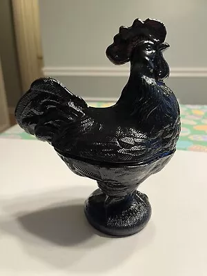 Buy Rare Black Dark Amethyst Glass Depression Style 2pc Rooster Candy Dish Bowl • 83.86£