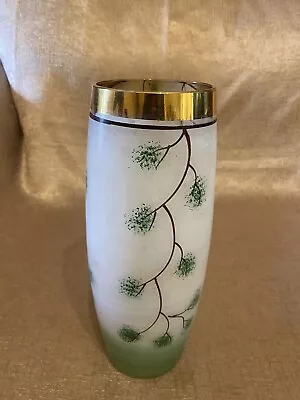 Buy Vintage Retro Glass Vase Gold Banded Frosted Green  White Glass Gold Rim C1950s • 24.99£