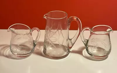Buy Victorian Style Etched Water Jug With 2 Glass Etched Creamers, Vintage • 21.99£