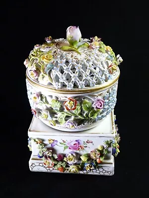 Buy Antique German Meissen Lattice Lidded Dish/Bowl On Floral Stand • 46£