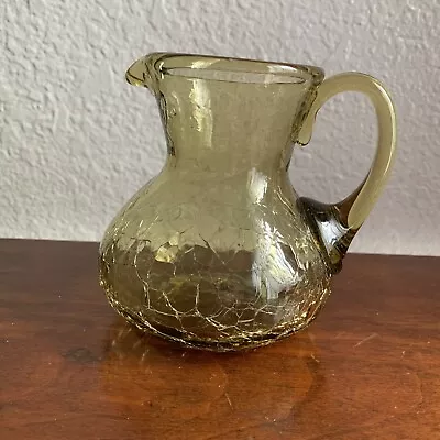 Buy Vintage Art Glass Amber Blenko? Crackle Glass Pitcher Vase With Applied Handle • 13.98£