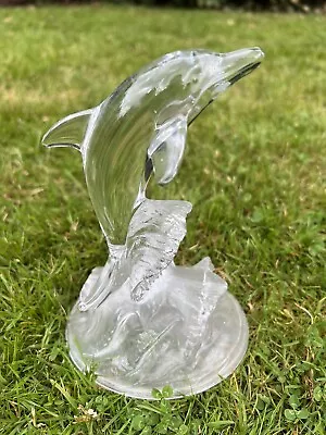 Buy Royal Crystal Rock Glass Jumping Dolphin Figurine With Frosted Glass Base VGC • 11.99£