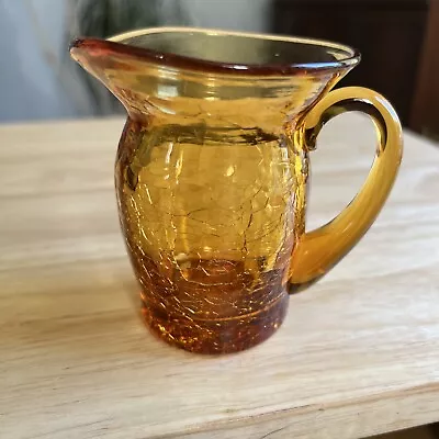 Buy Vintage Amber Crackle Glass Small Pitcher Vase Hand Blown Applied Handle Blenko • 13.98£