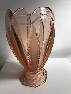 Buy Art Deco Pink Glass Vase Frosted Leafy Pattern Massive Sizes & Heavy Mint • 80£