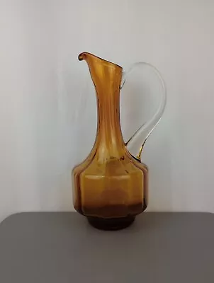 Buy Vintage Retro 60s 70s Amber Art Glass Pitcher Jug Applied Clear Glass Handle • 25£