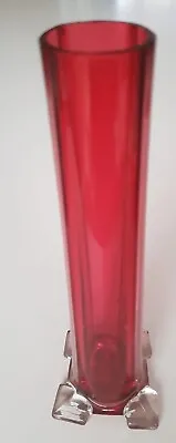Buy Cranberry Glass Bud Vase With Clear Glass Feet - 20cm Tall. Possibly Rubina?  • 5£