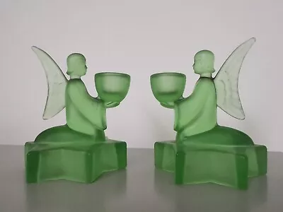 Buy Vintage L.E. Smith Two Green Glass Kneeling Angels Candlestick Holders • 65£