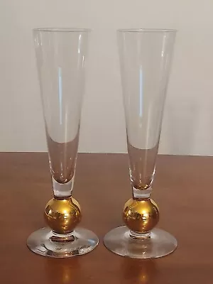 Buy Beautiful ORREFORS Sweden Crystal NOBEL Gold Ball Stem CHAMPAGNE FLUTES Set Of 2 • 149.12£