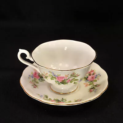 Buy Royal Albert Cup & Saucer Moss Rose Fluted Pink W/Gold 1951-1960's Avon Shape • 55.90£