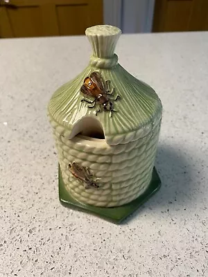 Buy Small Ceramic Pale Green Woven Bee Hive Shaped Honey Pot Decorated With Bees  • 7.95£