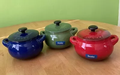 Buy 3 Denby RED/BLUE/GREEN Individual Casseroles/Soup With Lids And Handles • 35£