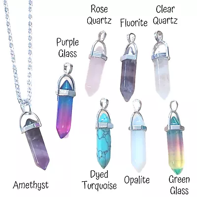 Buy Gemstone Or Glass Bullet Shaped  Crystal Pendant With Stainless Steel Necklace • 3.99£