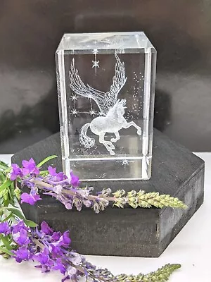Buy Glass Cube Paperweight, 3D Laser Etched Pegasus & Stars. • 15£