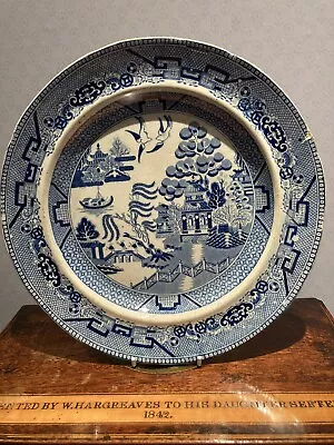 Buy Antique 19th C Blue And White Willow Pattern Repaired Plate ! • 2.99£
