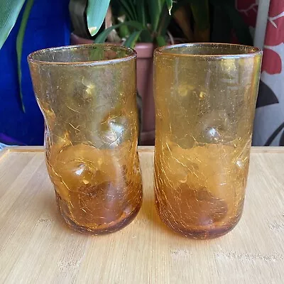 Buy Blenko 16 Oz. Drinking Glasses Crackle Dimpled Pinched Honey Amber MCM Set Of 2 • 41.94£