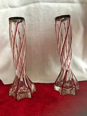 Buy Silver Topped , Victorian Glass Vases With Cranberry Thread 6.5 Inches Tall • 9.79£
