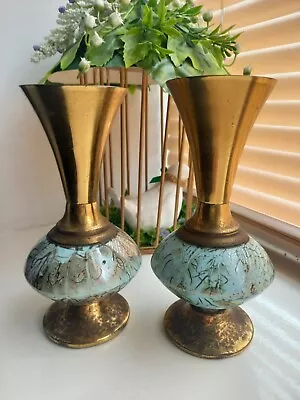 Buy 2 Handpainted Brass Accent Vase Turquoise Green Made In Portugal  • 19.99£