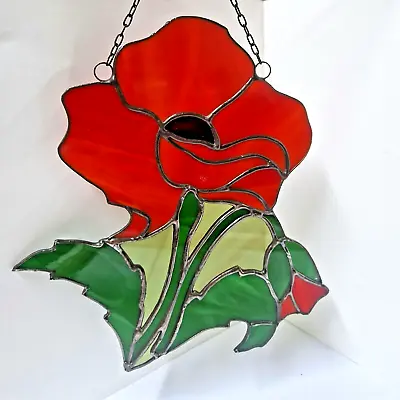 Buy Red Poppy Stained Glass Window Hanging Suncatcher Floral Decor • 60.68£