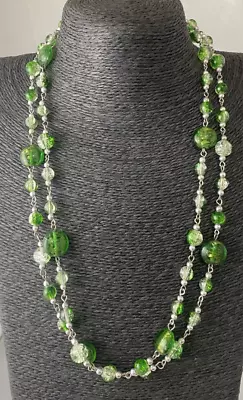 Buy Green & Clear & Gold Glitter Crackle Glass Bead Necklace 126cm • 4.99£