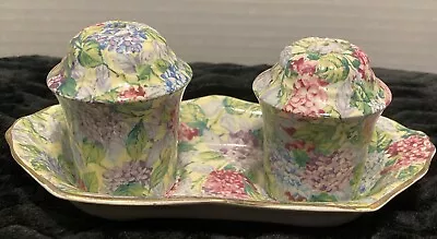 Buy Vintage James Kent”Hydrangeas “ Porcelain Salt And Pepper Shakers With Tray • 16.80£
