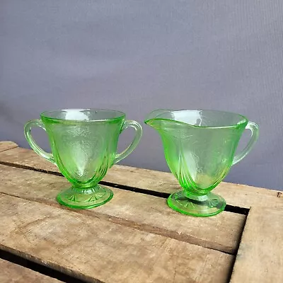 Buy HAZEL ATLAS GLASS Green Depression Glass Royal Lace Sugar Bowl Creamer Uranium  • 75£