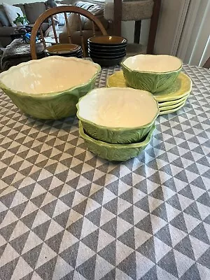 Buy 1976 Duncan Ceramics Set Of 3 Plus Serving Bowl Portugal Green Cabbage Leaf • 60.58£