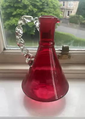 Buy Vintage Cranberry Glass Jug ~ Clear Rope Design Handle  - Great Display ! • 24£