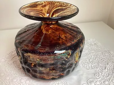 Buy Early Large Mdina Tortoiseshell Ribbed  Squat Art Glass Vase - Signed & Exc Cond • 29.99£