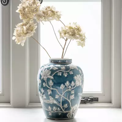 Buy Large Ceramic Blue & White Floral Decorative Oriental Wide Grandiflora Vase, • 50£