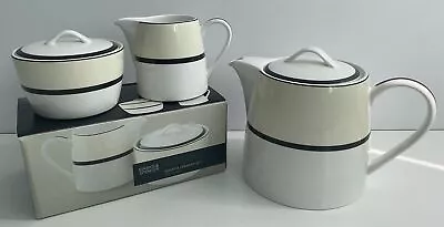 Buy M&S Manhattan Cream And Black Fine China Teapot, Sugar And Creamer Set • 29.99£