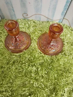 Buy Vintage Pair Imperial Glass Pink Carnival Glass Candle Stick Holders ROSES • 18.63£