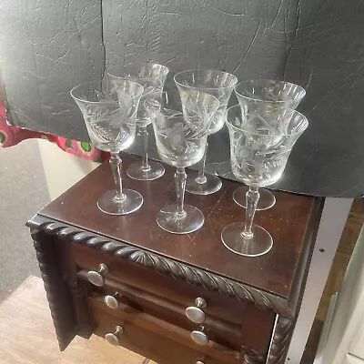 Buy Antique Crystal Cut Glass Elegant Flotal Wine Etched Patterns Set 6  • 69.89£