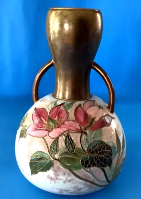 Buy Antique HTF Doulton Burslem Floral And Metal Vase Gold Tone Trim 10” Pink Green • 256.28£