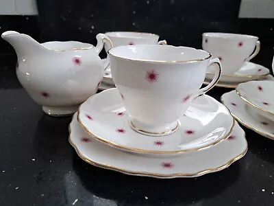 Buy VINTAGE FINE BONE CHINA TEA SET WHITE PINK STAR PATTERN 4 X TRIOS MILK & SUGAR • 16£