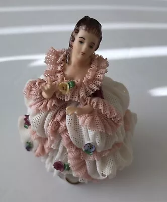 Buy Vintage Dresden Porcelain Victorian Lady Figurine Pink White Lace Dress Germany • 18.59£