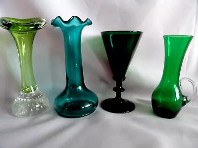 Buy 4 Vintage Green Glass Vases 15/ 13 Cm Good Condition • 12.95£