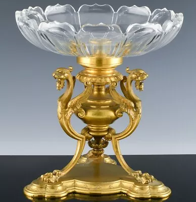 Buy Superb Antique French Gold Gilt Bronze Dragon Figural Cut Glass Centerpiece Bowl • 283.46£