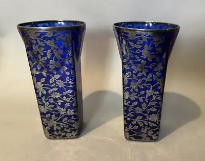 Buy Antique Pair Cobalt Blue Silver Floral Overlay Art Glass Vases • 167.11£
