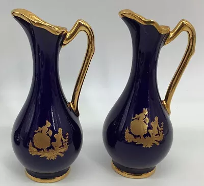 Buy Limoges Cobalt Blue And Gold Miniature Pitcher Porcelain Set Of 2 • 29.82£