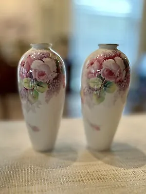 Buy Pair Of Vintage Noritake Nippon Toki Kaisha Vases Pink Flowers Signed 6 3/4  • 93.18£