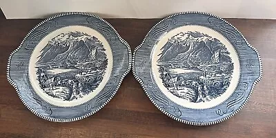 Buy Vtg Currier & Ives Royal Blue The Rocky Mountains 11 3/4  Handled Cake Plate S/2 • 30.29£