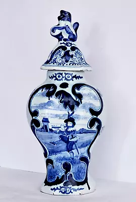 Buy Antique DELFT GINGER JAR - BALUSTER LIDDED VASE 15.7 INCHES - EMBOSSED ACCENTS • 79.36£