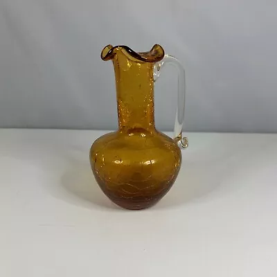 Buy Amber Crackle Glass Pitcher Creamer Applied Handle Hand Blown Mid Century Vtg • 18.63£
