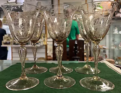 Buy Set Of Six Vintage Czech Etched Glass Wine Glasses. 3 Males, 3 Females. • 45£