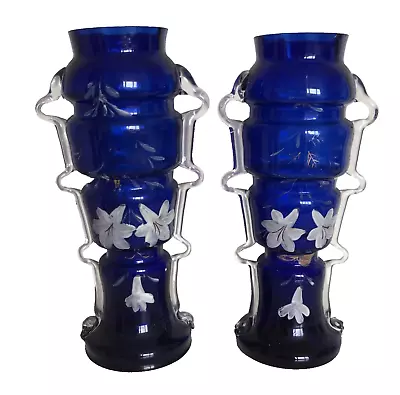 Buy Pair Antique Bristol Cobalt Blue Glass Mantel Vases Hand Painted Floral 10  Tall • 24.99£