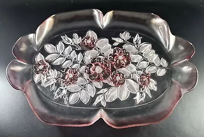 Buy Large Vintage Glass Serving Plate/ Platter Beautiful Centrepiece Pink Flowers  • 24.72£