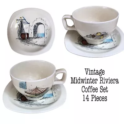 Buy MCM Coffee Set Midwinter Riviera 14 Piece White Blue Black Porcelain Vintage VGC • 105£